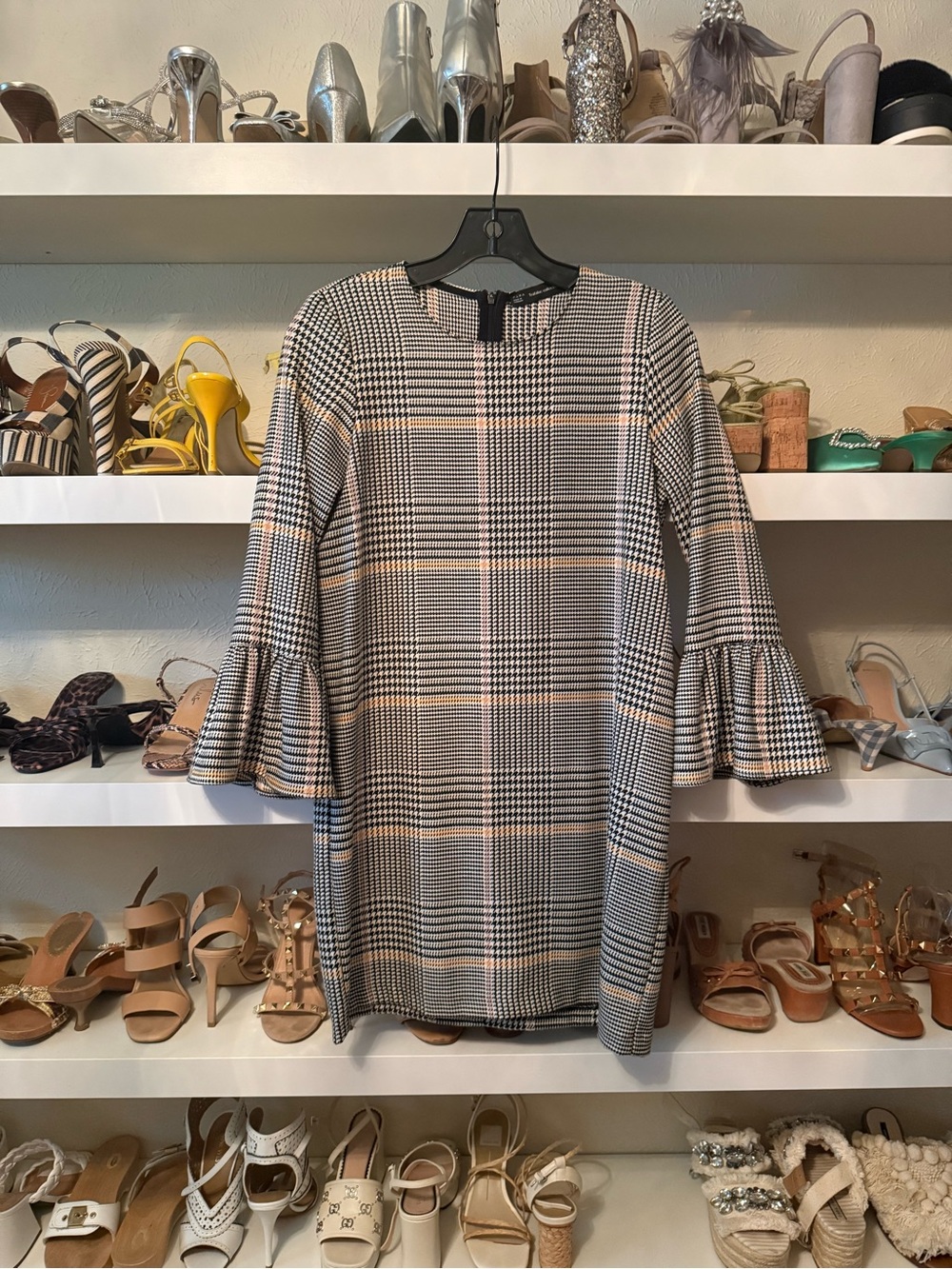 Zara Checked Bell-Sleeve Shift Dress
